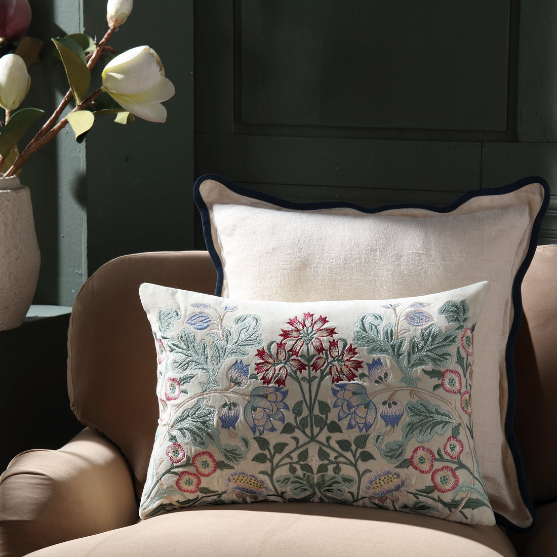 Botanica Collection Pearl Velvet Hand Embroidered Pillow