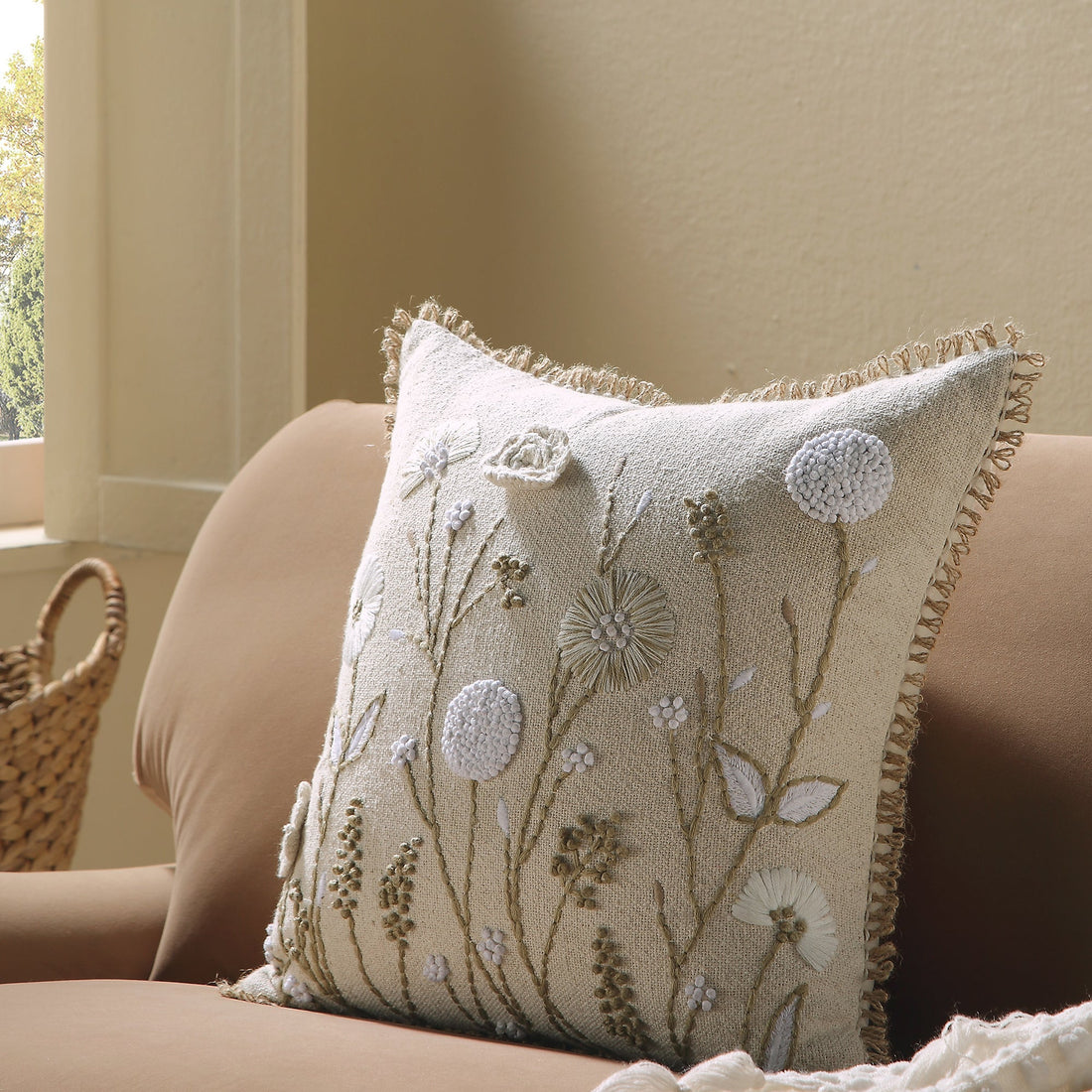Delilah Crochet Jute Lace Hand Embroidered Square Pillow