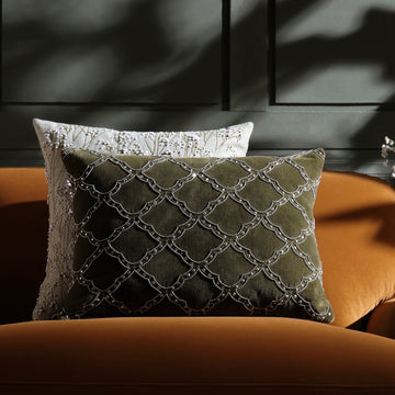 Luxe Collection Greta Beaded Moss Green Cotton Velvet Pillow