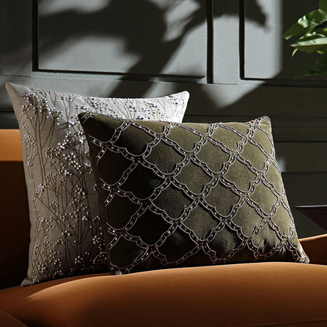 Luxe Collection Greta Beaded Moss Green Cotton Velvet Pillow